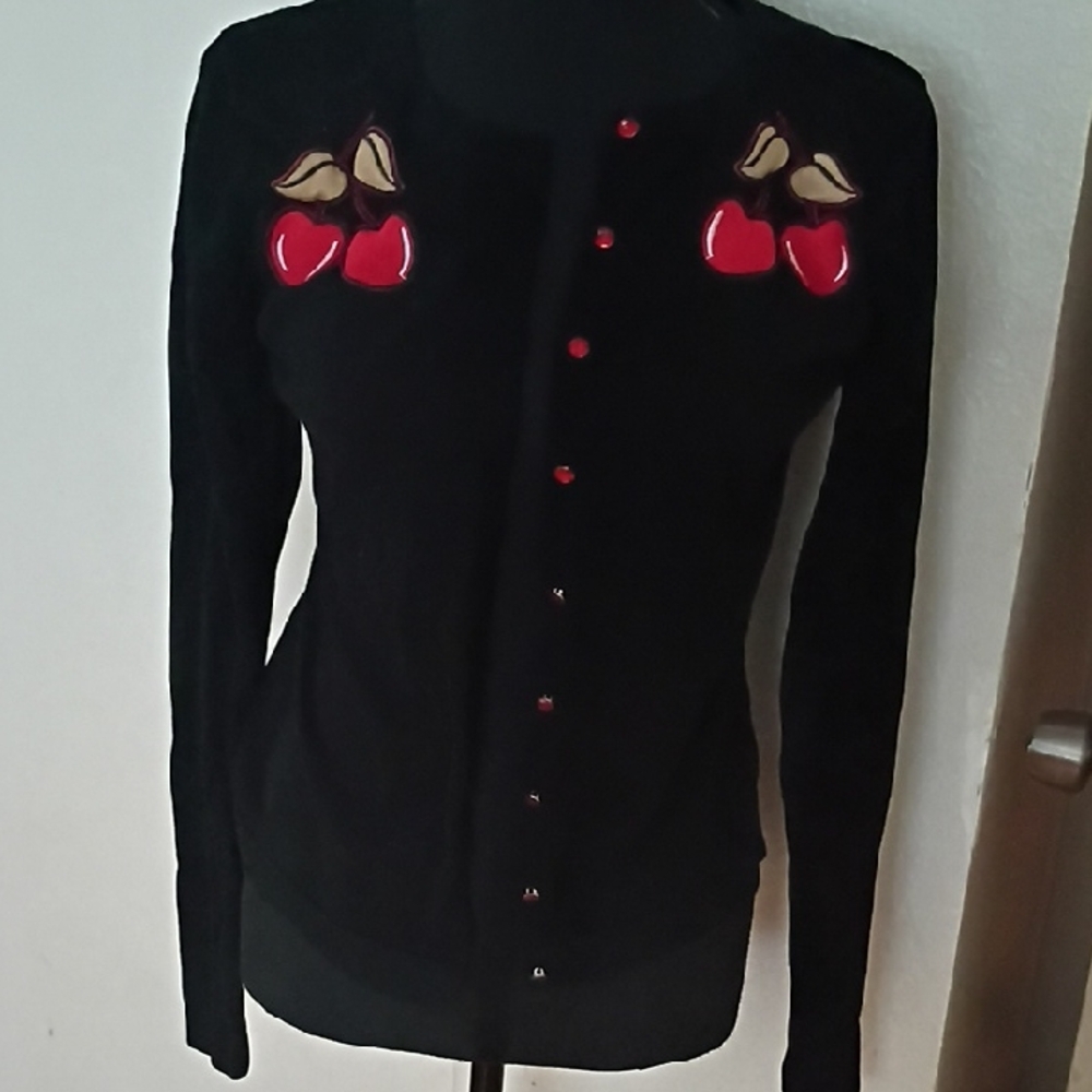 Sourpuss Black Cardigan with Red Cherry Motifs